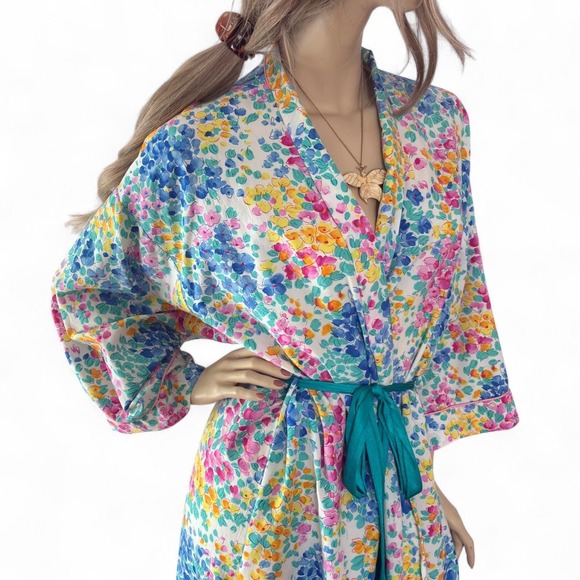 Vintage 80s Christian Dior Floral Belted Robe Cottagecore Coquettecore Aesthetic - Picture 2 of 8
